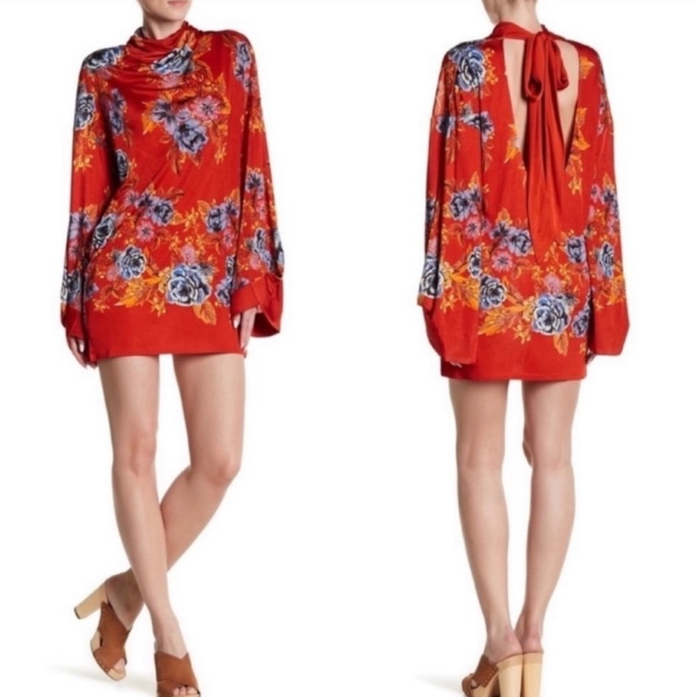 Free People | Summer Red Orange 2 AM Floral Mini Dress High Neck Scoop Back